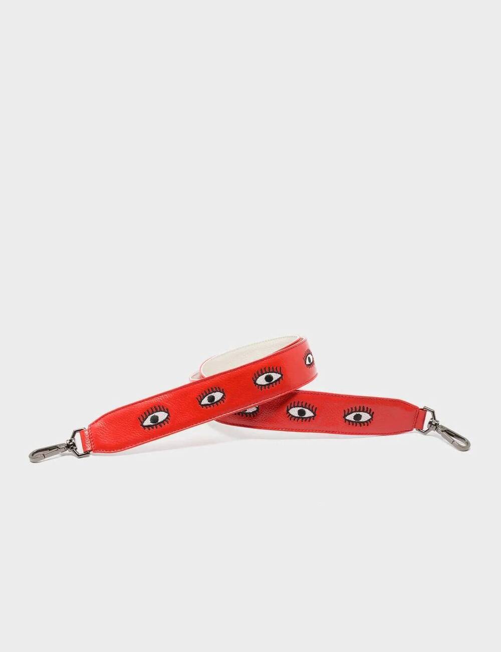 NEW MIN & MON embroidered eyes leather shoulder strap in poppy red